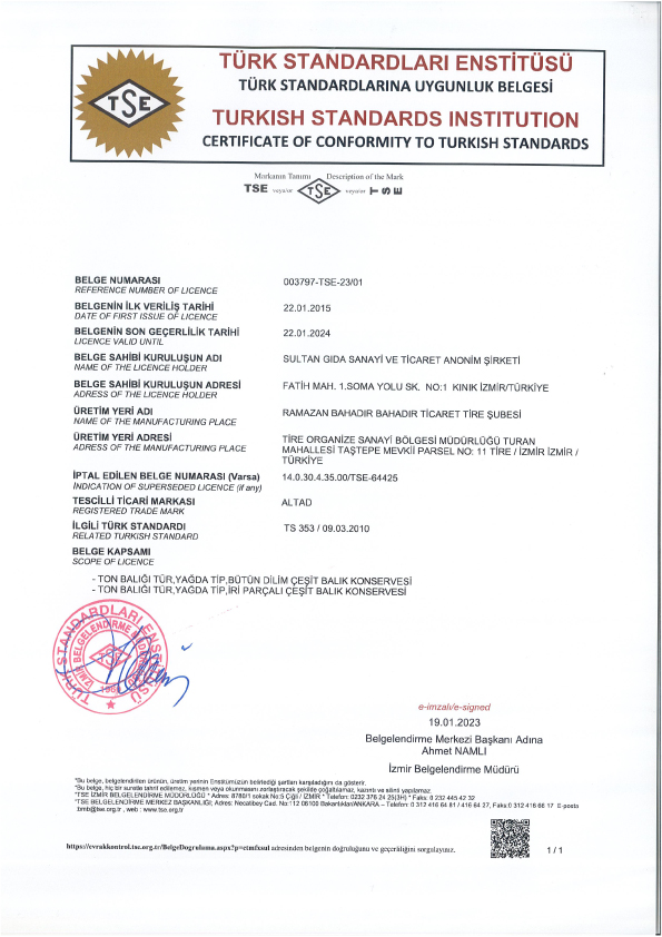 TSE Certificate for Canned Fish