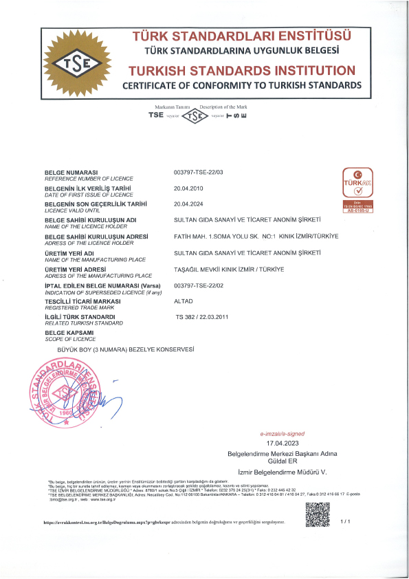 TSE Certificate for Canned Peas