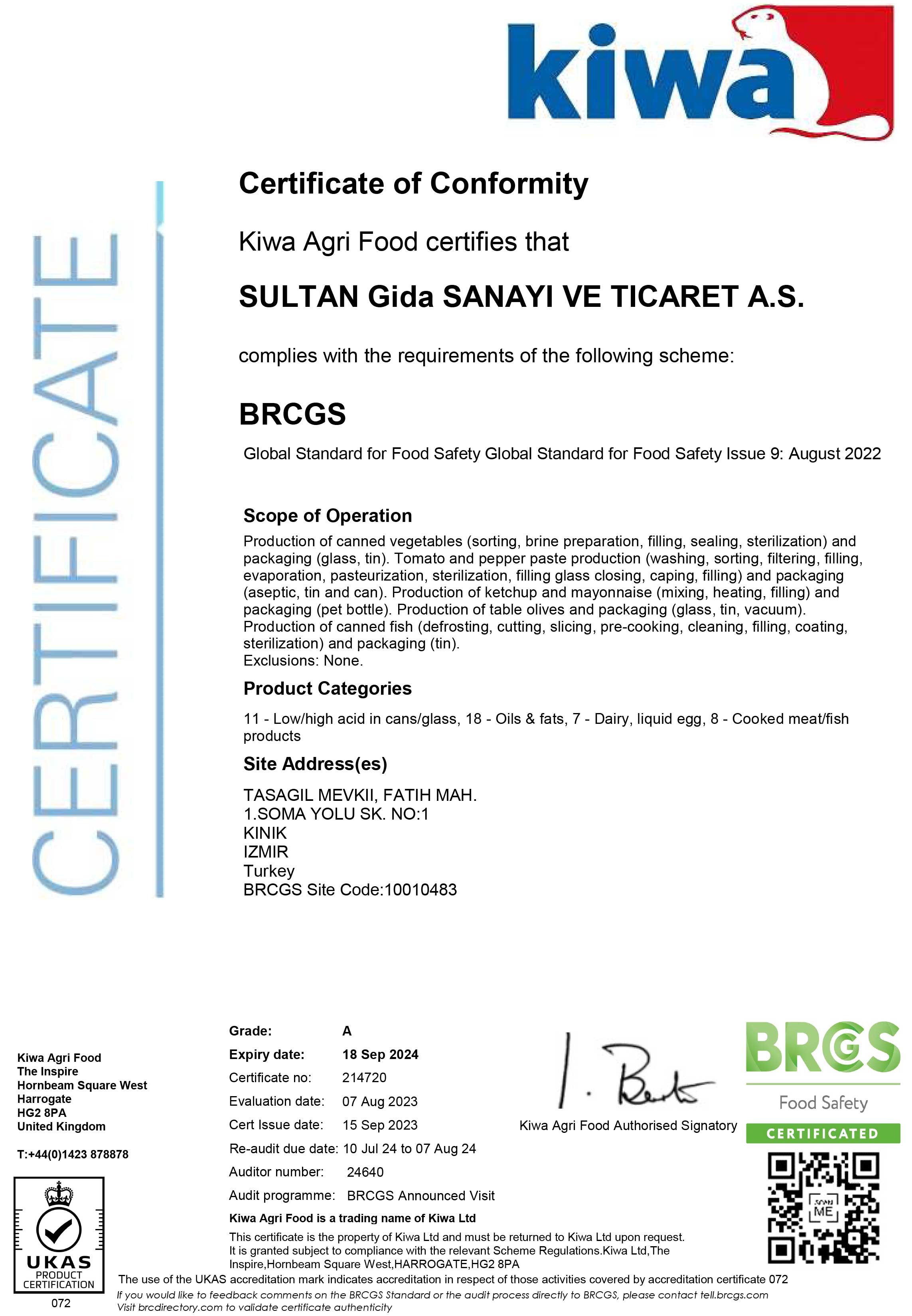 KIWA - BRCGS Certificate