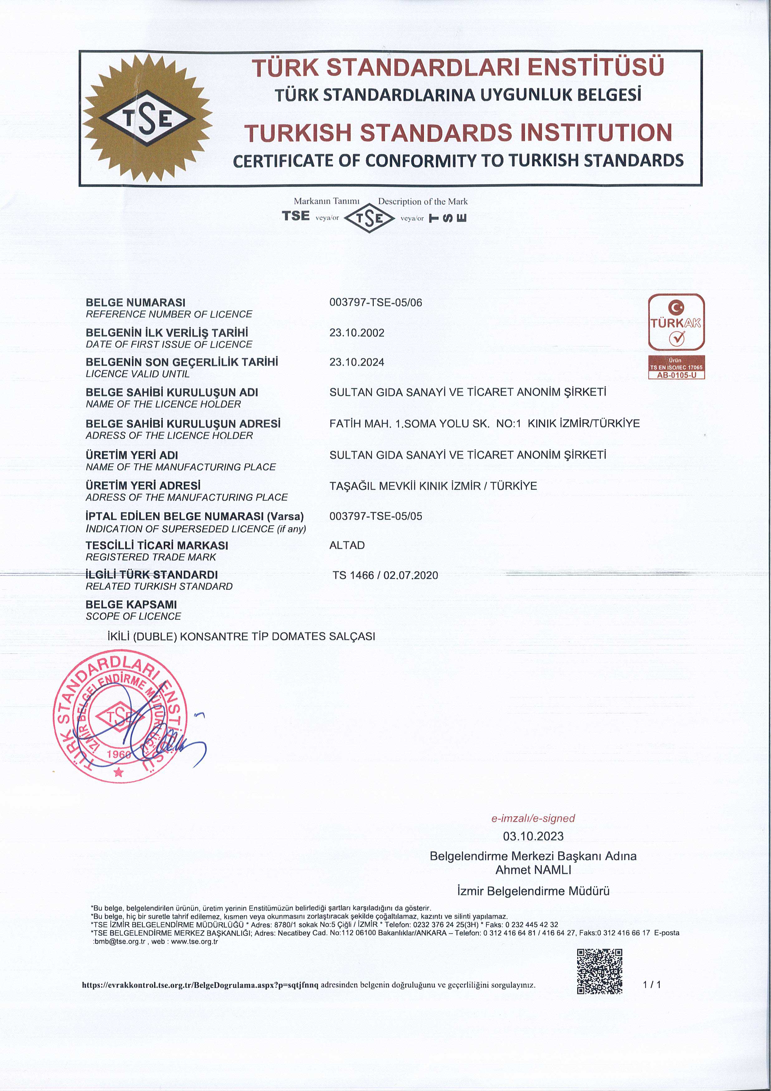 TSE Certificate for Tomato Paste